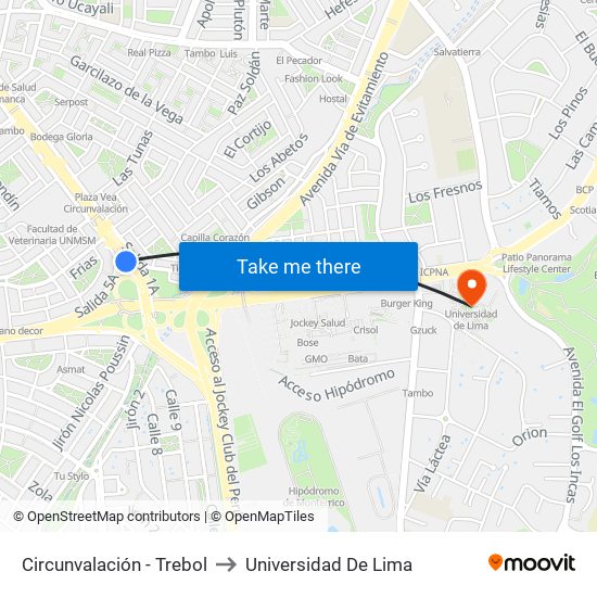 Circunvalación - Trebol to Universidad De Lima map