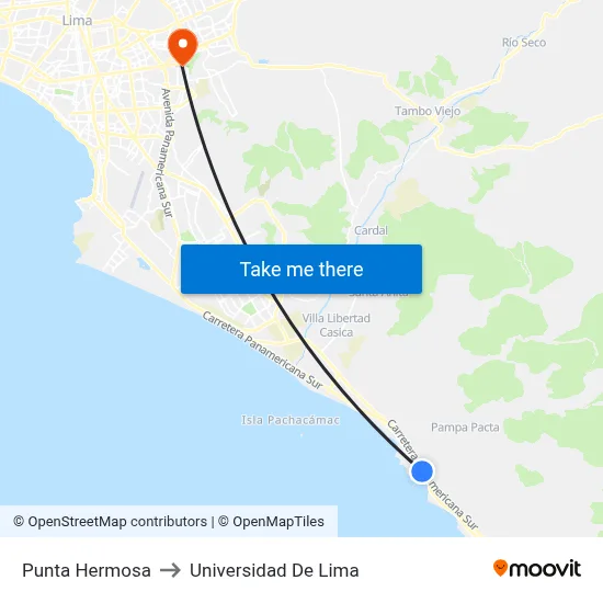 Punta Hermosa to Universidad De Lima map