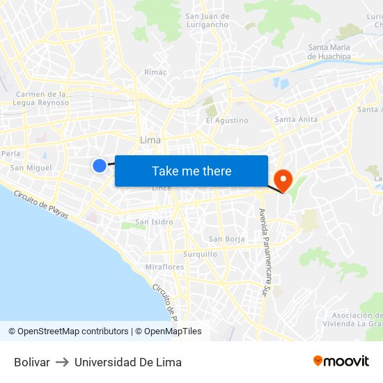 Bolivar to Universidad De Lima map