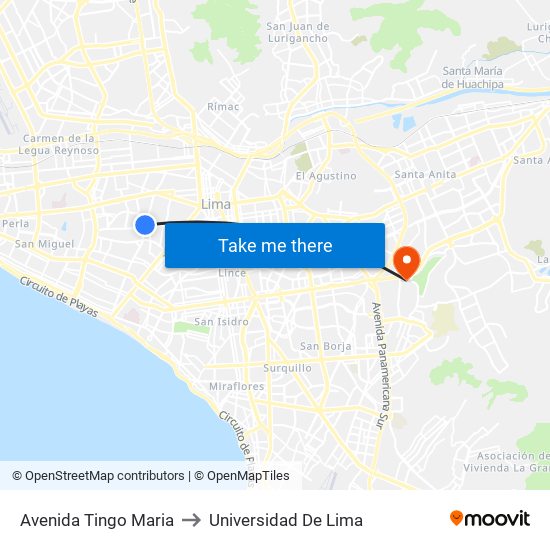 Avenida Tingo Maria to Universidad De Lima map