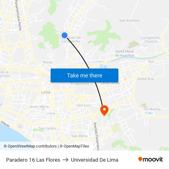 Paradero 16 Las Flores to Universidad De Lima map