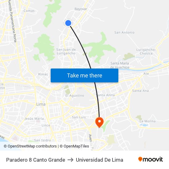 Paradero 8 Canto Grande to Universidad De Lima map