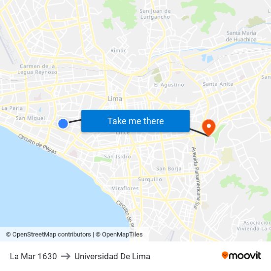La Mar 1630 to Universidad De Lima map