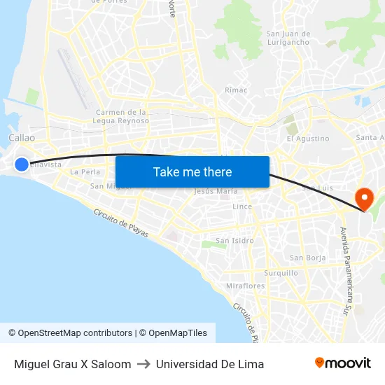 Miguel Grau X Saloom to Universidad De Lima map