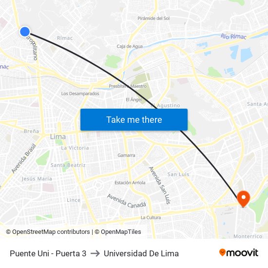 Puente Uni - Puerta 3 to Universidad De Lima map