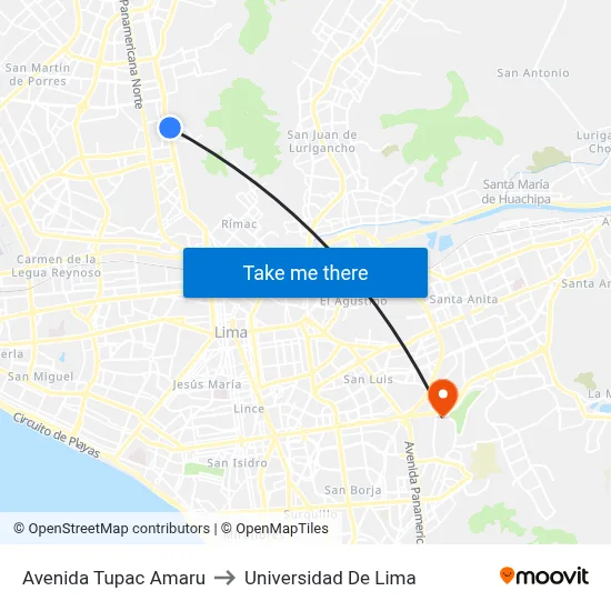 Avenida Tupac Amaru to Universidad De Lima map