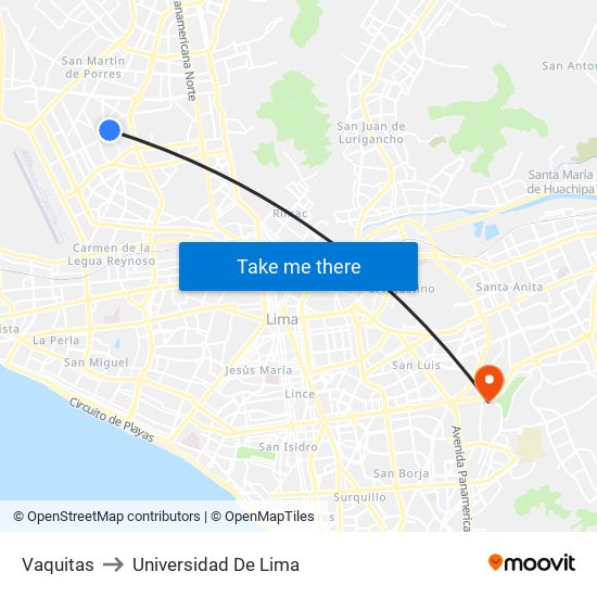 Vaquitas to Universidad De Lima map