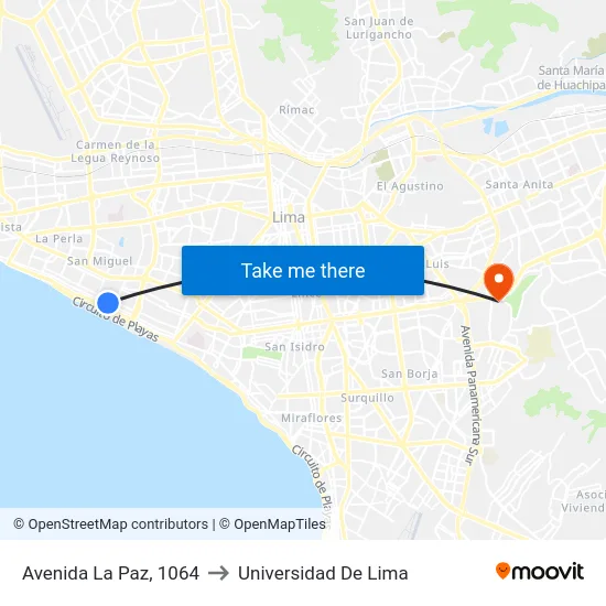 Avenida La Paz, 1064 to Universidad De Lima map