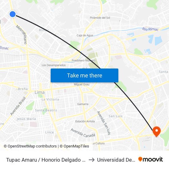 Tupac Amaru / Honorio Delgado - Puerta 5 to Universidad De Lima map