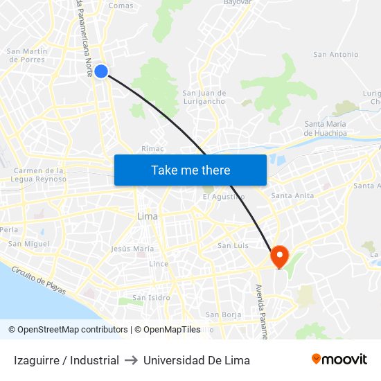 Izaguirre / Industrial to Universidad De Lima map