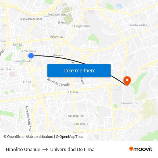 Hipólito Unanue to Universidad De Lima map