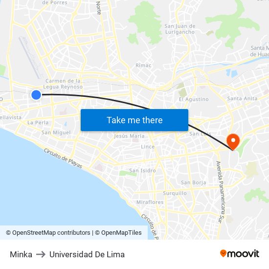 Minka to Universidad De Lima map