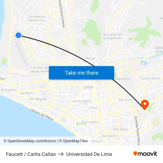 Faucett / Canta Callao to Universidad De Lima map