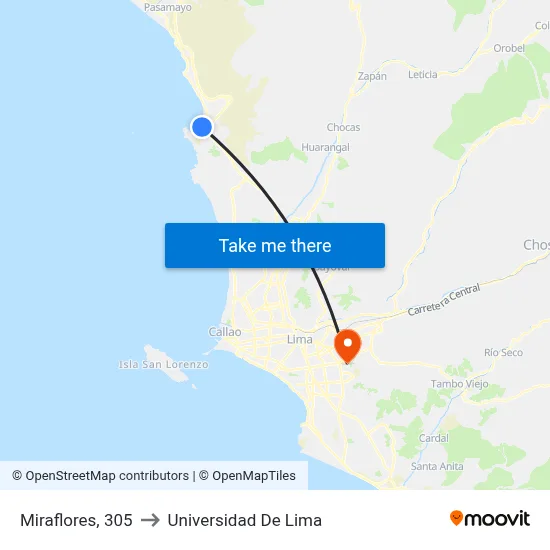 Miraflores, 305 to Universidad De Lima map