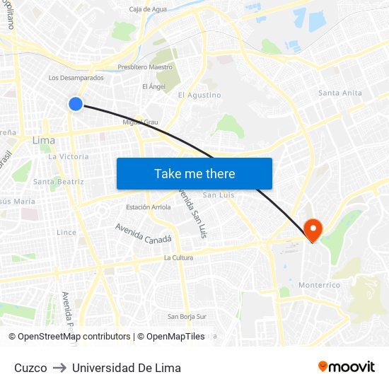Cuzco to Universidad De Lima map