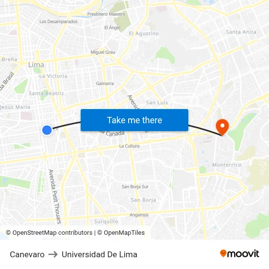 Canevaro to Universidad De Lima map