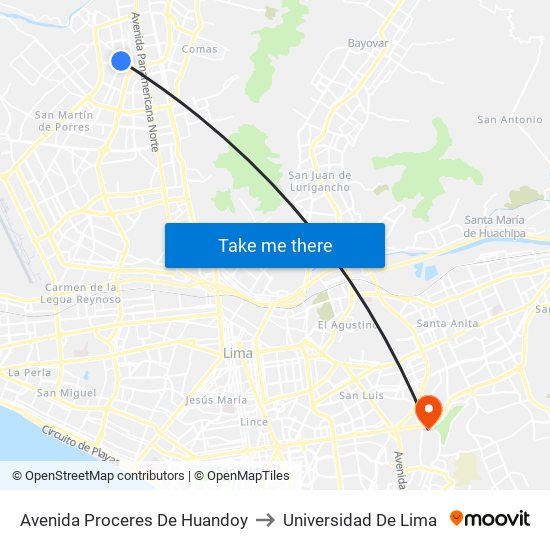 Avenida Proceres De Huandoy to Universidad De Lima map