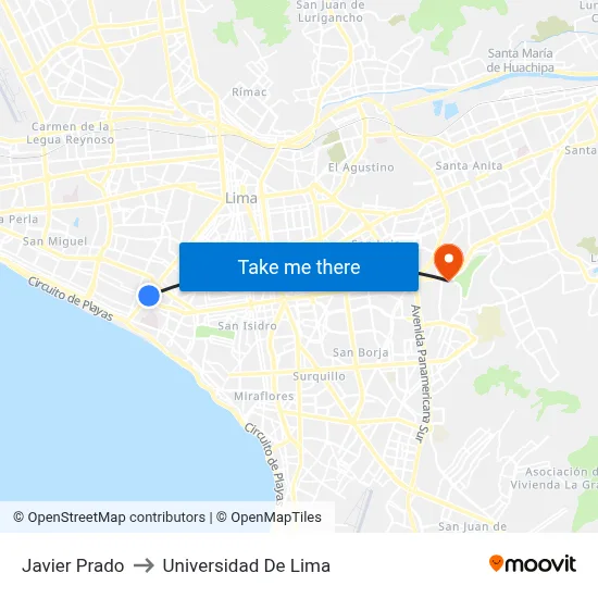 Javier Prado to Universidad De Lima map