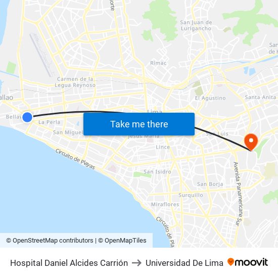 Hospital Daniel Alcides Carrión to Universidad De Lima map