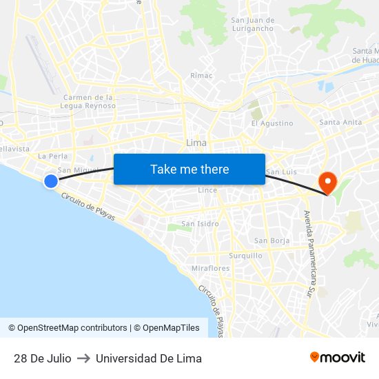 28 De Julio to Universidad De Lima map