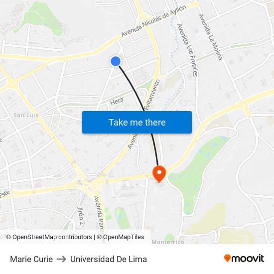 Marie Curie to Universidad De Lima map