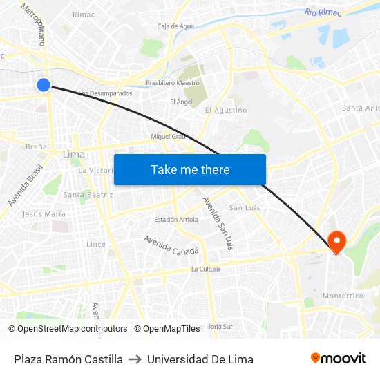 Plaza Ramón Castilla to Universidad De Lima map
