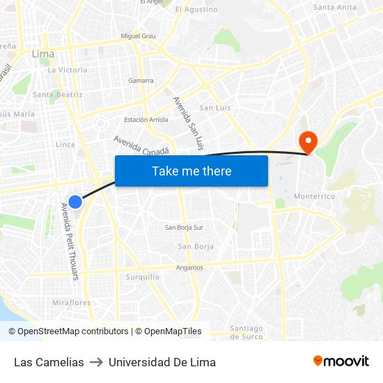 Las Camelias to Universidad De Lima map