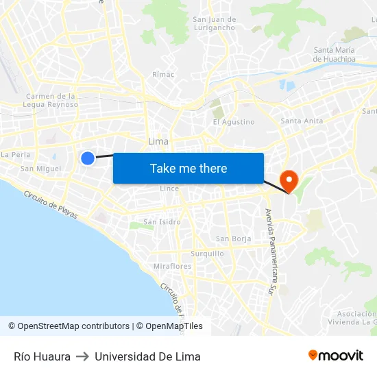 Río Huaura to Universidad De Lima map