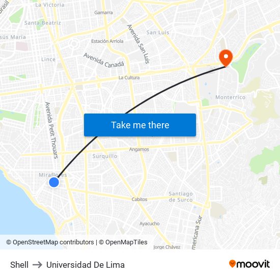 Shell to Universidad De Lima map