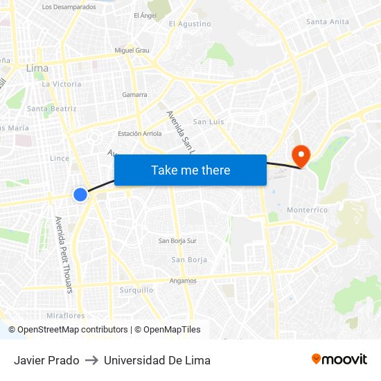 Javier Prado to Universidad De Lima map