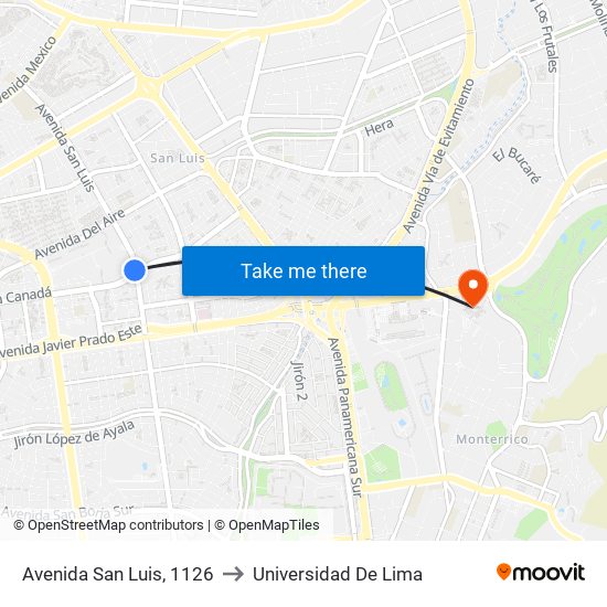Avenida San Luis, 1126 to Universidad De Lima map