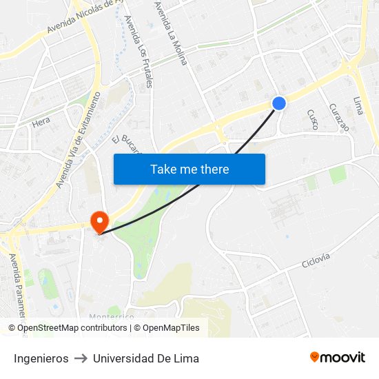 Ingenieros to Universidad De Lima map