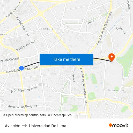 Aviación to Universidad De Lima map