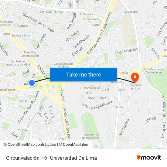 Circunvalación to Universidad De Lima map