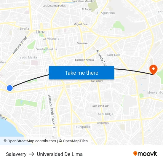 Salaverry to Universidad De Lima map