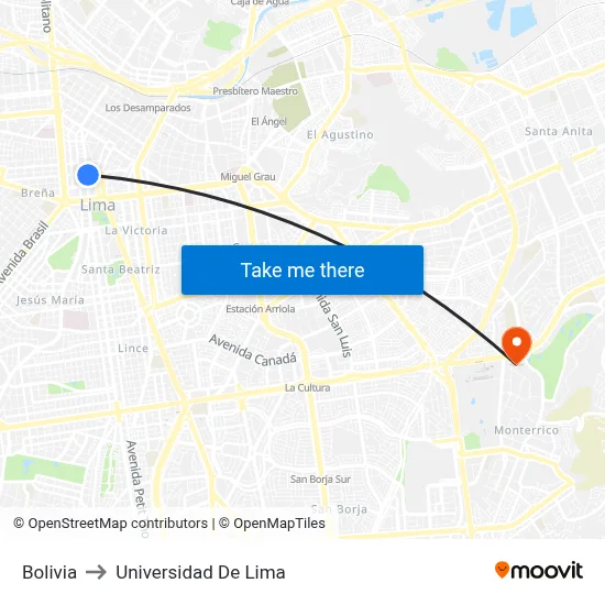 Bolivia to Universidad De Lima map