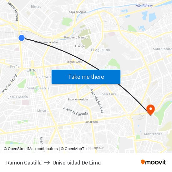 Ramón Castilla to Universidad De Lima map