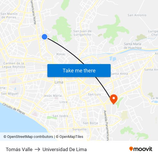Tomás Valle to Universidad De Lima map