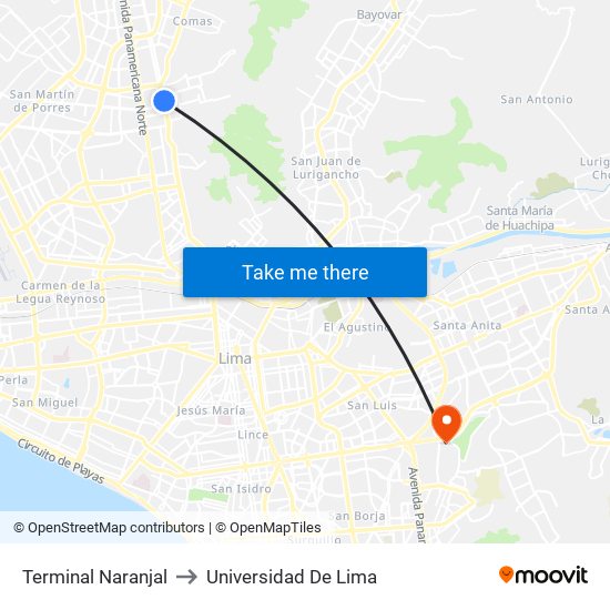 Terminal Naranjal to Universidad De Lima map