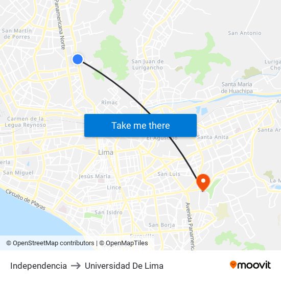 Independencia to Universidad De Lima map