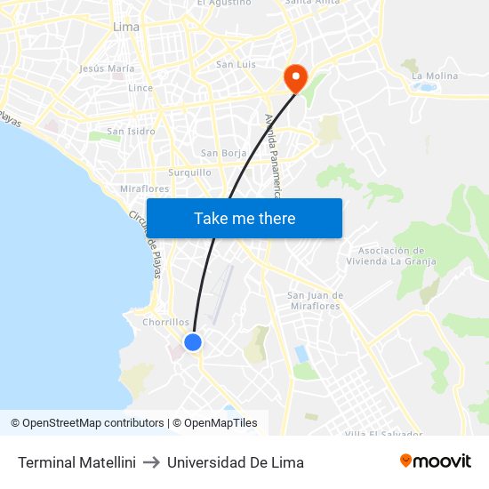 Terminal Matellini to Universidad De Lima map