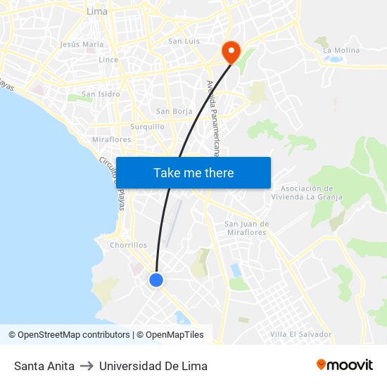 Santa Anita to Universidad De Lima map