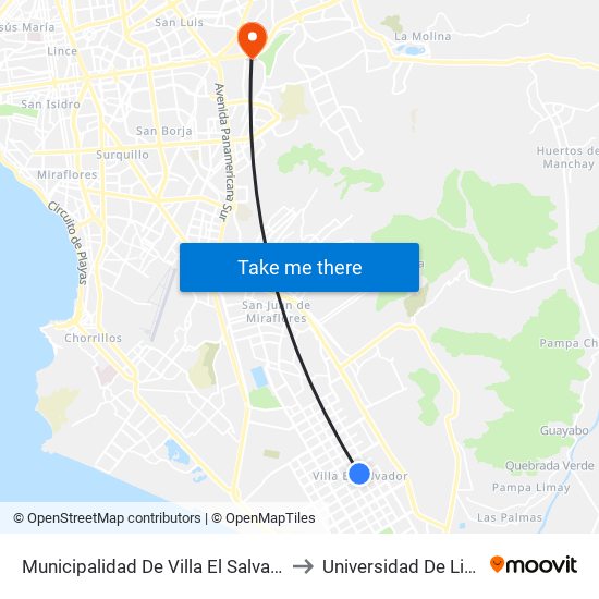 Municipalidad De Villa El Salvador to Universidad De Lima map
