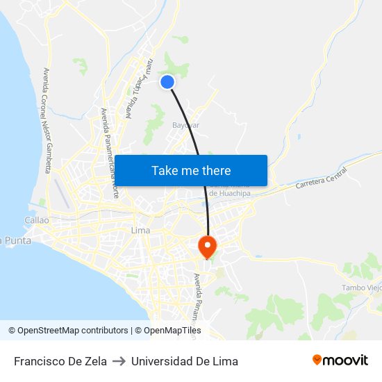 Francisco De Zela to Universidad De Lima map