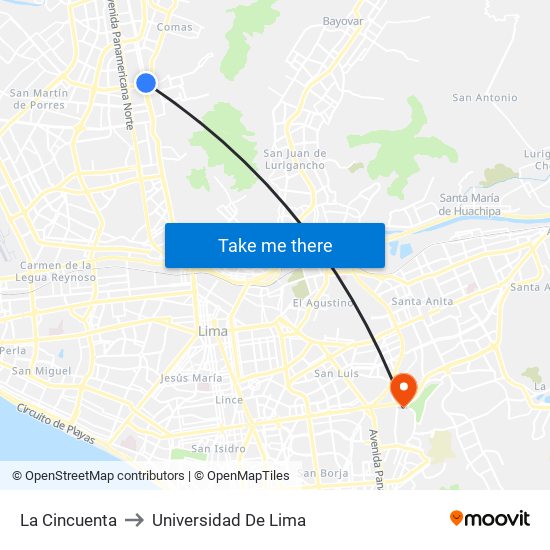 La Cincuenta to Universidad De Lima map