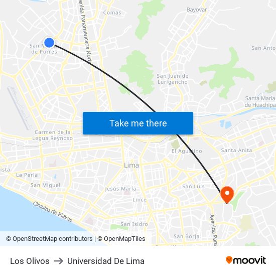 Los Olivos to Universidad De Lima map