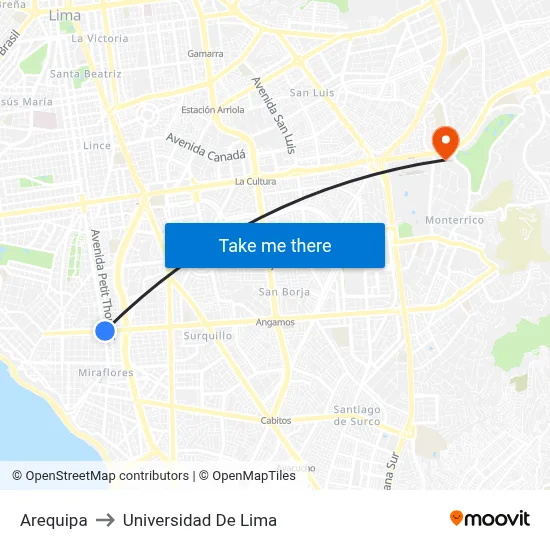 Arequipa to Universidad De Lima map