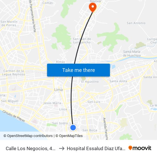 Calle Los Negocios, 499 to Hospital Essalud Diaz Ufano map