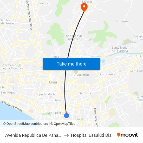 Avenida República De Panamá, 3887 to Hospital Essalud Diaz Ufano map