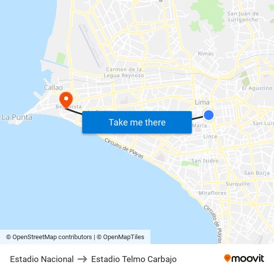 Estadio Nacional to Estadio Telmo Carbajo map